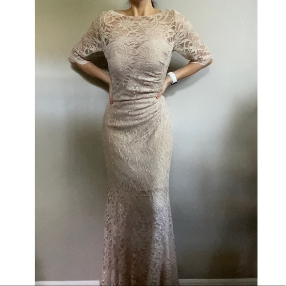 Nightway Tan Lace Boat Neck Quarter Sleeve Gown